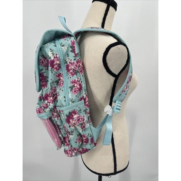No Boundaries Nylon Flap Backpack Clear Vinyl Pocket Mint Floral NWT 16" deep - Picture 3 of 9